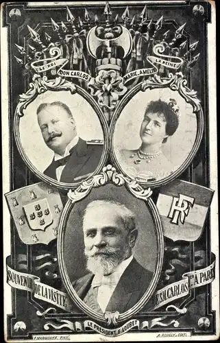 Wappen Ak König Don Carlos, Königin Marie Amelie, Präsident Loubet