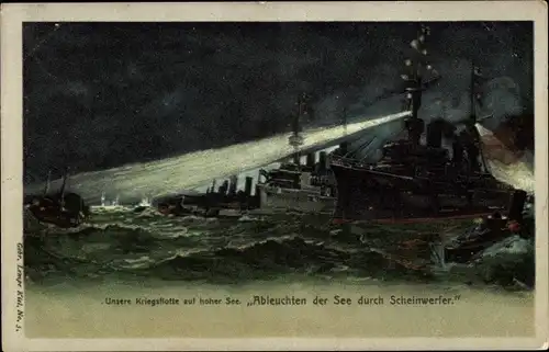 Litho Deutsche Kriegsschiffe, Ableuchten der See durch Scheinwerfer, Kaiserliche Marine
