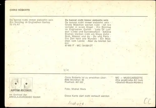 Ak Sänger Chris Roberts, Portrait, Autogramm