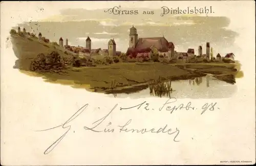 Litho Dinkelsbühl in Mittelfranken, Teilansicht, Kirche