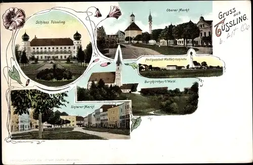 Ak Tüßling Oberbayern, Schloss Tüssling, Oberer u. Unterer Markt, Burgkirchen am Wald, Heiligenstatt