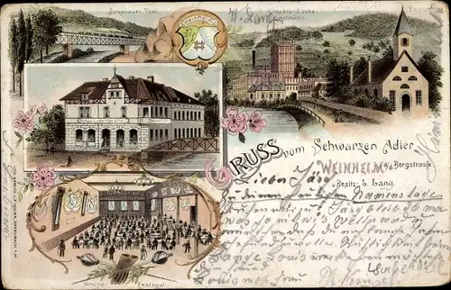 Litho Weinheim an der Bergstraße Baden, Gasthaus Schwarzer Adler, Kirche, Kunstmühle