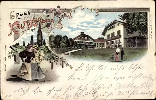 Litho Kaltenbrunn Gmund am Tegernsee Oberbayern, Teilansicht, Gasthaus, Damen