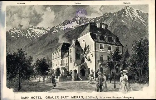 Künstler Ak Reisch, Meran Merano Südtirol, Bahnhotel Grauer Bär