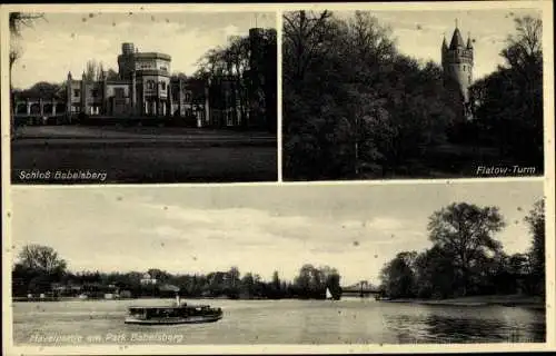 Ak Babelsberg Potsdam in Brandenburg, Schloss Babelsberg, Flatow Turm, Havelpartie, Park