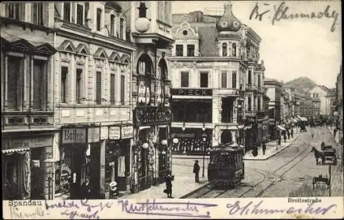 Ak Berlin Spandau, Breite Straße, Straßenbahn, Geschäfte