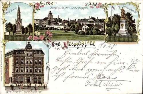 Litho Neumünster, Hotel Kaiserhof, Inh. Johs. Bürger, Kirche, Schützenstraße, Kriegerdenkmal