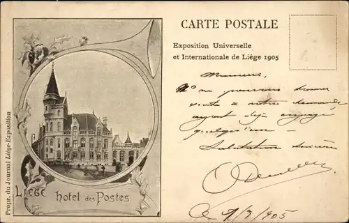 Postkarte Lüttich Lüttich Wallonien, Weltausstellung 1905, Hotel des Postes