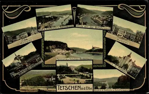 Ak Děčín Tetschen an der Elbe Region Aussig, Marktplatz, Post, Panorama, Schloss, Schäferwand