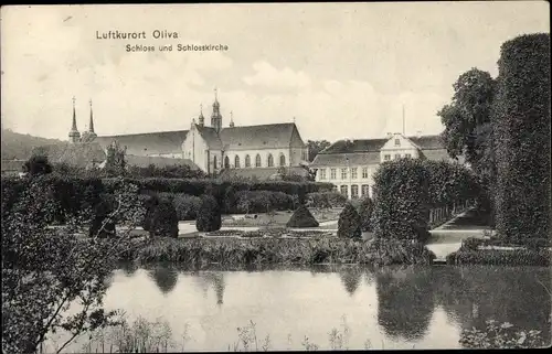 Ak Oliva Gdańsk Danzig, Schloss und Schlosskirche, Teichanlage