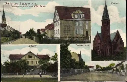 Ak Bückgen Großräschen in der Niederlausitz, Schwesternheim, Pfarrhaus, Schule, Kirche, Dorfstraße