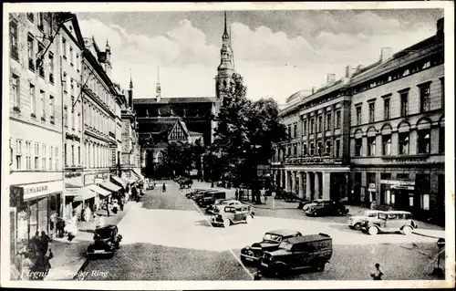 Ak Legnica Liegnitz Schlesien, Großer Ring, Kirche, Geschäfte, Autos