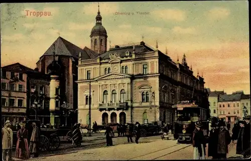 Ak Opava Troppau Region Mährisch Schlesien, Oberring, Theater, Straßenbahn