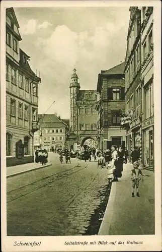 Ak Schweinfurt in Unterfranken Bayern, Spitalstraße, Rathaus, Geschäfte, Passanten