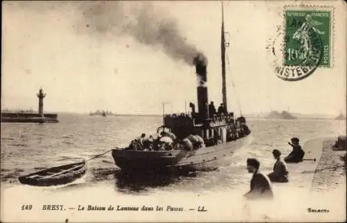 Ak Brest Finistère, Dampfer, Hafen, Leuchtturm
