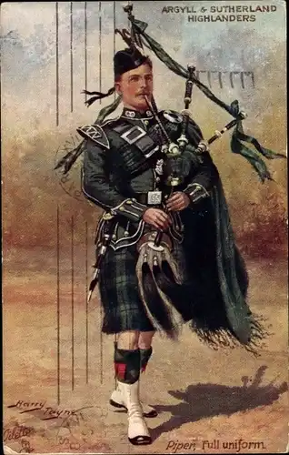 Künstler Ak Payne,Argyll and Sutherland Highlanders,Piper, full uniform, Schotte mit Dudelsack, Kilt