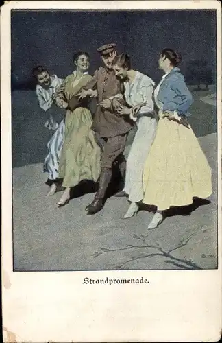 Künstler Ak Wennerberg, Bruno, Strandpromenade, Soldat beim Spaziergang mit vier Frauen