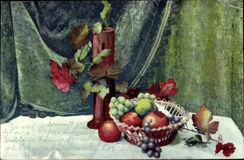 Künstler Ak Stillleben, Obstschale, Weintrauben
