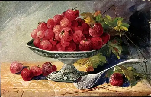 Künstler Ak Golay, Mary, Stillleben, Erdbeeren, Silberschale