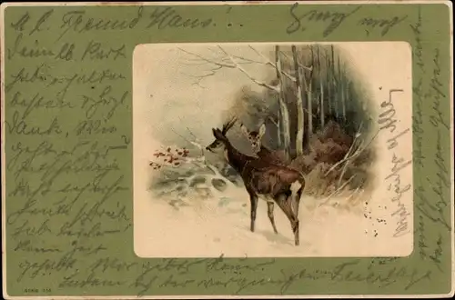 Präge Litho Rehe in Winterlandschaft