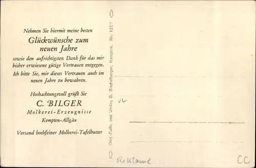 Ak Küssen ist keine Sünd, Kuh mit Kalb, Gebirge, Reklame, C. Bilger Molkerei-Erzeugnisse, Kempten