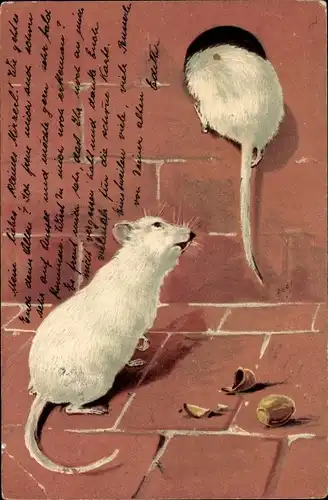 Präge Litho Zwei weiße Ratten, Mäuse, Mauseloch