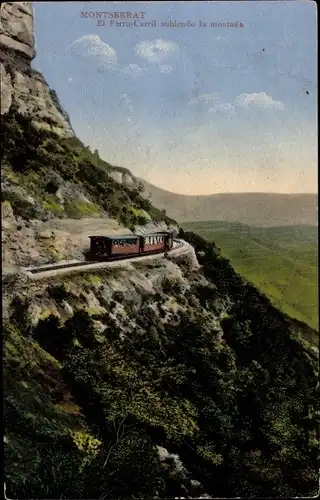 Ak Montserrat Katalonien, Die Eisenbahn fährt den Berg hinauf