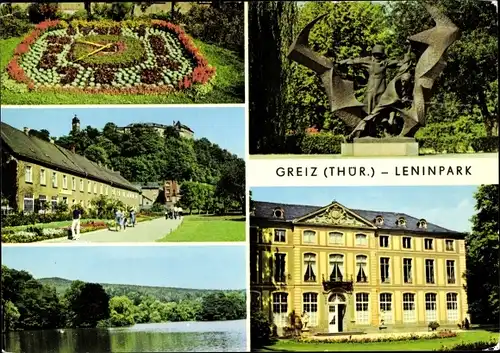 Ak Greiz im Vogtland, Leninpark, Blumenuhr, Denkmal, Teilansichten