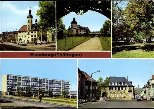 Ak Eisenberg Thüringen, Schlossgarten, Park des Friedens, Neue Schule Zeilbäume, Thälmann-Platz