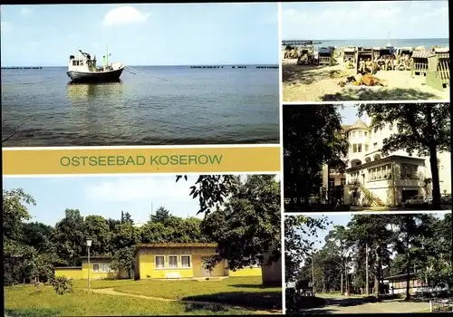 Ak Ostseebad Koserow auf Usedom, Fischkutter, FDGB-Erholungsheim W. Ulbricht, Bungalowsiedlung