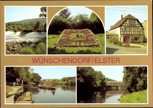 Ak Wünschendorf an der Elster, Elsterwehr, Blumenuhr, Gondelstation, gedeckte Holzbrücke