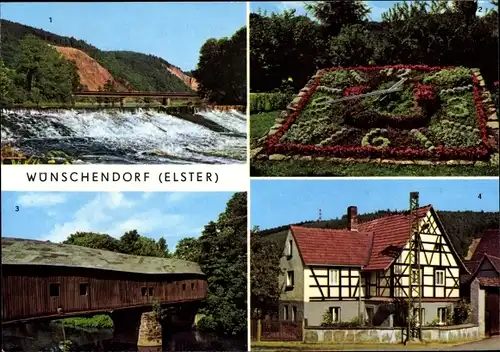 Ak Wünschendorf an der Elster, Elsterwehr, Blumenuhr, Holzbrücke, Cronschwitz, Fachwerkhaus