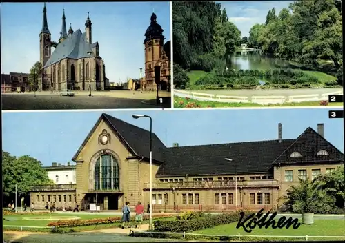 Ak Köthen in Anhalt, Marktplatz, St. Jakobskirche, Rathaus, Hubertusteich, Bahnhof