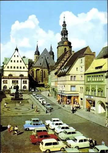 Ak Lutherstadt Eisleben, Marktplatz mit Lutherdenkmal, Kirche, Autos