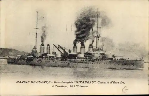 Ak Französisches Kriegsschiff, Mirabeau, Dreadnought, Cuirassé d'Escadre à Turbines