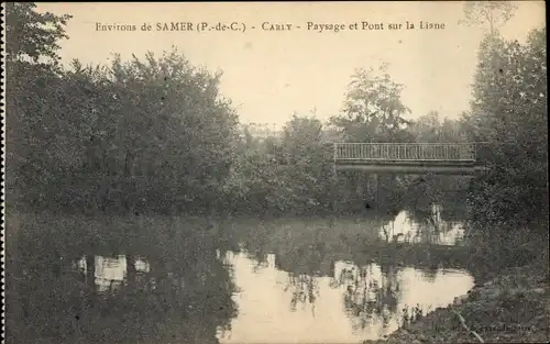 Ak Carly Pas de Calais, Landschaft und Brücke über die Liane