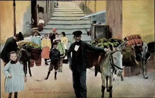 Ak Gibraltar, Artischocken-Verkäufer, Wasserhändler, Packesel