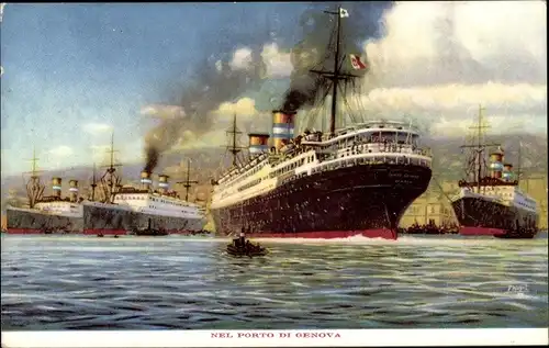 Künstler Ak Genova Genua Liguria, Dampfschiffe im Hafen, Lloyd Sabaudo, I Glorioso Conti