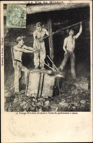 Ak La Vie du Mineur, Bohren eines Sprenglochs mit der Handbohrmaschine, Bergmänner