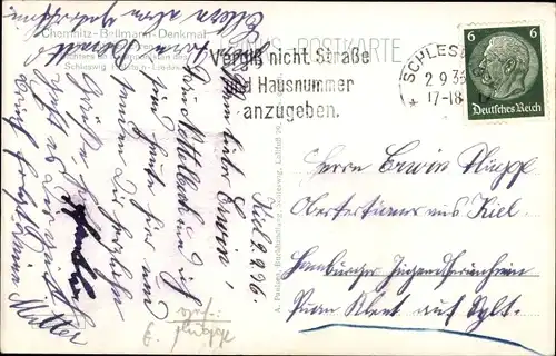 Ak Schleswig, Chemnitz-Bellmann-Loge, Denkmal