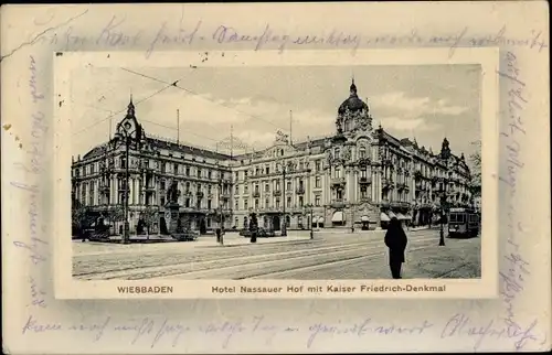 Ak Wiesbaden in Hessen, Hotel Nassauer Hof, Kaiser Friedrich-Denkmal
