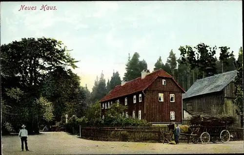 Ak Friedrichroda im Thüringer Wald, Neues Haus, Bauer, Fuhrwerk