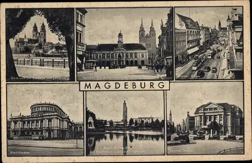 Ak Magdeburg an der Elbe, Johanniskirche, Dom, Rathaus, Stadttheater, Zentral-Theater, Straßenbahn