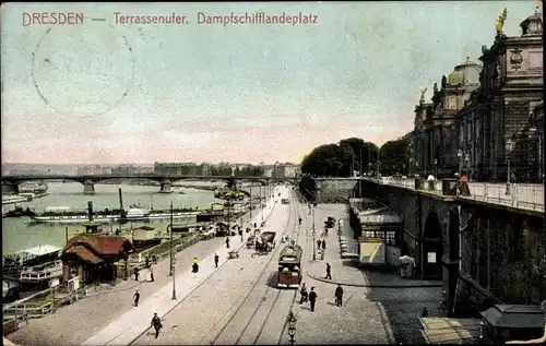 Ak Dresden Altstadt, Elbe, Terrassenufer, Dampfschifflandeplatz, Straßenbahn