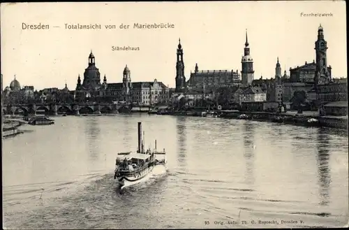 Ak Dresden Altstadt, Totalansicht von der Marienbrücke, Fernheizwerk, Ständehaus, Dampfschiff