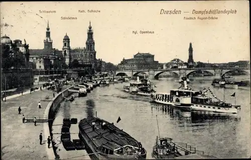 Ak Dresden, Dampfschifflandeplatz, Elbe, Schlossturm, Ständehaus, katholische Hofkirche