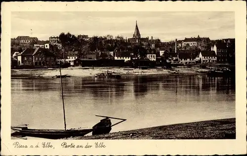 Ak Riesa an der Elbe Sachsen, Teilansicht, Boot