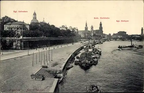 Ak Dresden Altstadt, Elbe, Belvedere, katholische Hofkirche, königliche Hofoper, Dampfschiff