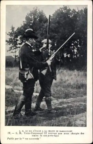Ak Rambouillet Yvelines, König Viktor Emanuel III. von Italien auf der Jagd, Jagdgewehr