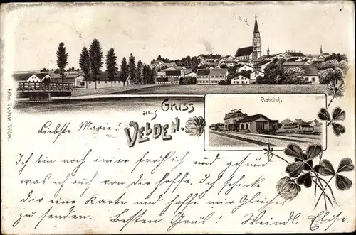 Litho Velden in Niederbayern, Panorama, Kirche, Bahnhof